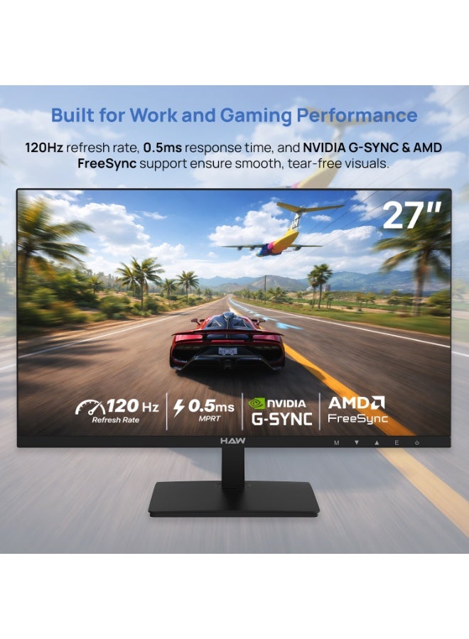 هاو شاشة ألعاب HAW F27IPX مقاس 27 بوصة FHD 1920×1080 بتقنية IPS، معدل تحديث 120 هرتز، زمن استجابة 0.5 مللي ثانية MPRT، تدعم HDMI 2.1، متوافقة مع FreeSync وG-Sync، مكبرات صوت مدمجة، شاشة مسطحة، مناسبة للكمبيوتر وأجهزة الألعاب – أسود - Image 2
